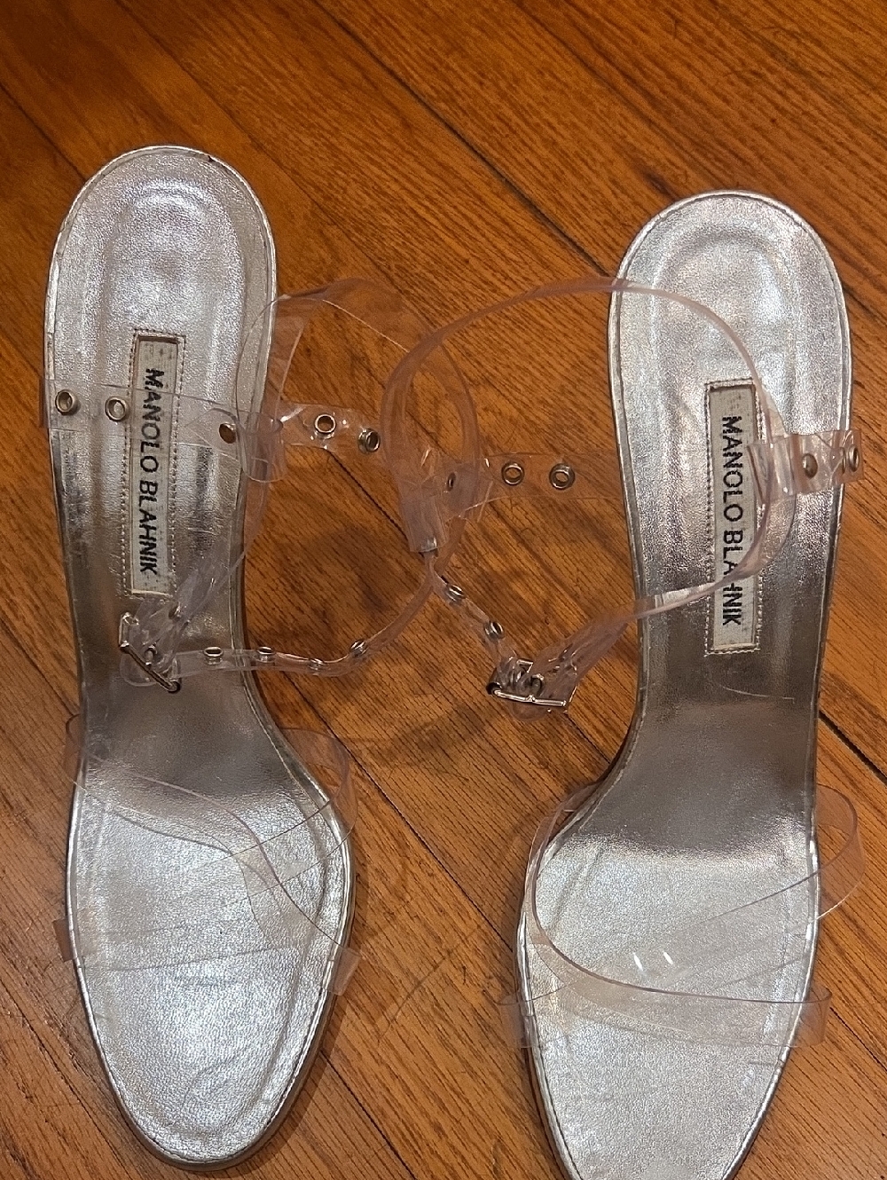 Manolo Blahnik Clear-Strap Silver Heeled Sandals